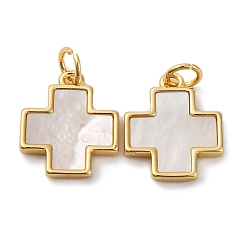 Настоящее золото 18K Подвески-кресты из натуральной белой ракушки из латуни, стойки покрытие, долговечный, без кадмия и без свинца, реальный 18 k позолоченный, 15.5x13x2 мм, отверстие : 3.5 мм