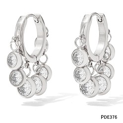 Прозрачный 304 плоские круглые серьги-люстры с кисточками из нержавеющей стали с кубическим цирконием, цвет нержавеющей стали, прозрачные, 25.6 мм