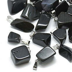 (946F)Морозный цвет внутри  Жонкиль / Непрозрачная зеленая подкладка Окрашенные натуральный черный агат подвески, с защелкой из нержавеющей стали на поручнях, самородки, 20~30x12~18x7~15 мм, отверстие : 6x4 мм