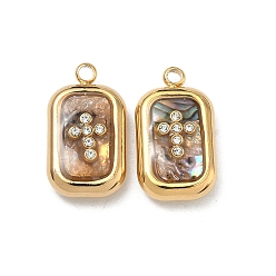 Cross Природные пауа оболочки подвески, 304 Прямоугольные подвески из нержавеющей стали с кристаллами и стразами, вакуумное покрытие pvd, реальный 18 k позолоченный, крестик, 18x10x5~6 мм, отверстие : 1.8 мм