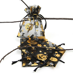 Тыква Прямоугольные сумки из органзы на шнурке, пакеты для хранения конфет горячего тиснения, подарочный пакет на Хэллоуин, чёрные, тыква, 15x10 см