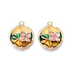 Розовый Стойки обшивки сплава эмали подвески, без кадмия, без никеля и без свинца, золотой свет, плоская круглая с подвеской в виде цветка, туманная роза, 23.5x19.5x5.5 мм, отверстие : 1.6~2 мм