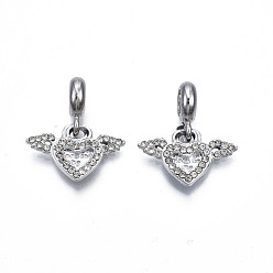 Crystal Rack Plating Alloy European Dangle Charms, with Rhinestone, Large Hole Beads, Cadmium Free & Lead Free, Platinum, Heart with Word & Wing, Crystal, 22mm, Hole: 5mm, Charm: 12x10~20x2mm