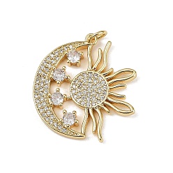 Настоящее золото 18K Латунные микро проложить кубического циркония подвески, без кадмия и без свинца, луна с солнцем, с целью перехода в кольце, реальный 18 k позолоченный, 25.5x24.5x3 мм, отверстие : 3.2 мм