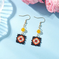 Малайский Нефрит Серьги-подвески ручной работы из стеклянных бусин с узором «окно-решетка», с малайзийскими нефритовыми бусами, золотые, 51.5x16.5 мм