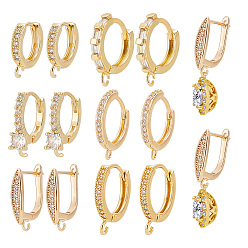 Настоящее золото 18K 12шт. 6 стиль латунные микропаве прозрачные кубические цирконии кольца фурнитура, с горизонтальной петлей, реальный 18 k позолоченный, 15~17.5x2.5~15x2~13.5 мм, отверстие : 1~2.5 мм, штифты : 0.6~1 мм, 2 шт / стиль