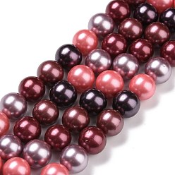 Old Rose Electroplate Shell Pearl Beads Strands, Round, Old Rose, 10mm, Hole: 1mm, about 18pcs/strand, 7 inch(17.6cm)