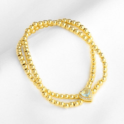 Pale Turquoise Brass Pave Cubic Zirconia Heart Round Beaded Stretch 2-Strand Bracelets for Women, Golden, Pale Turquoise, 6.30 inch(16cm)