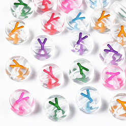 Letter Y Прозрачные прозрачные акриловые бусины, горизонтальное отверстие, плоская круглая буква со смешанным цветом, letter.y, 7x3.5 мм, отверстие : 1.2 мм, Около 3700 шт / 500 г