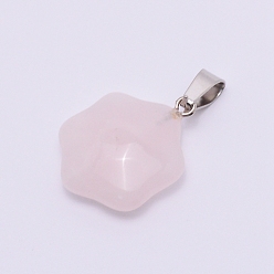 Розовый Кварц Природного розового кварца подвески, с вставкой из нержавеющей стали, цветок, 25x19x6 мм, отверстие : 2.5x6 мм