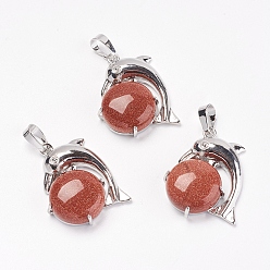 Камень с Пылевым Золотом Синтетические голдстоуновские подвески, с латунной фурнитурой , дельфин, платина, 30x23x8 мм, отверстие : 5x8 мм