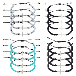 Смешанные камни 24шт. 4 цвета браслеты из нержавеющей стали с поперечными связями, Регулируемые браслеты из круглых бусин из синтетических драгоценных камней для женщин и мужчин, внутренний диаметр: 2~3-3/8 дюйм (5~8.5 см), 6 шт / цвет