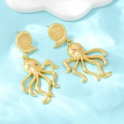 Осьминог Серьги-гвоздики из латуни с подвесками на морскую тематику, стойки покрытие, долговечный, без кадмия и без свинца, реальный 18 k позолоченный, осьминог, 50x28 мм