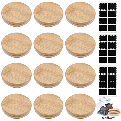 (52) Непрозрачная лаванда 12шт бамбуковые крышки для бутылок, многоразовые защитные крышки, с 3 листами ПВХ клейкая наклейка баночка для специй бирка, разноцветные, колпачки: 67x20 мм, внутренний диаметр: 55мм; наклейка: 15.5x10.5x0.02см, теги: 35x50 мм