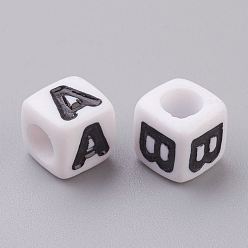 Letter Acrylic Horizontal Hole Letter Beads, Random Mixed Letters, Cube, White, about 7mm wide, 7mm long, 7mm high, hole: 3.5mm, about 2000pcs/500g
