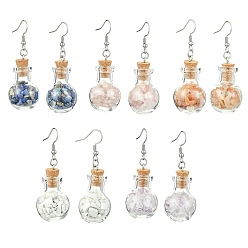 Смешанные камни Бусины из натуральных драгоценных камней с отверстием, серьги с подвесками внутри стеклянной бутылки, с 304 нержавеющей стали серьги крючки, 52 мм, штифты : 0.7 мм