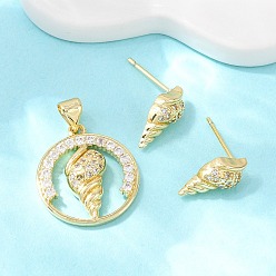Shell Shape Комплект из латунного кулона и серег-гвоздиков с микропаве из кубических цирконий для женщин, реальный 18 k позолоченный, диван, 13x6.5 мм, 20.5x18x4 мм, отверстие : 5x3.5 мм