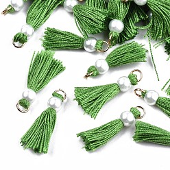 Зеленый лайм Кулон с кисточкой из поликоттона (полиэстер), мини-кисточка, с железной фурнитурой золотистого цвета и имитацией жемчуга из абс-пластика, зеленый лайм, 23 мм, Перейти кольцо: 5x0.8 мм, 3.4 мм внутренним диаметром