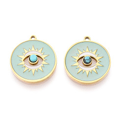 Темный Морско-зеленый 316 хирургические эмалевые подвески из нержавеющей стали, плоский круглый с шармом в виде глаз, золотые, темно-зеленый, 16.5x15x3 мм, отверстие : 1.2 мм
