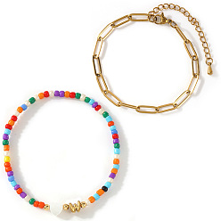 Letter W 2шт. 2 стили, стеклянный бисер и натуральная ракушка, 304 бусины из нержавеющей стали, эластичный браслет и латунная цепочка-скрепка, набор браслетов для женщин, сердце, Буква W, 6.69 дюйм (17 см) ~ 6.89 дюйм (17.5 см)