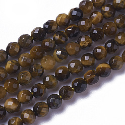 Œil De Tigre Chapelets de perles oeil de tigre naturelles, facette, ronde, 3.5~4x4mm, Trou: 0.4mm, Environ 94 pcs/chapelet, 15.7~16.2 pouce (40~41.2 cm)