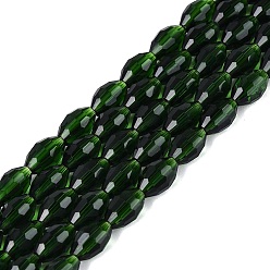 Dark Green Transparent Glass Beads Strands, Rice, Faceted, Dark Green, 8~9x5~6mm, Hole: 0.9~1mm, about 67~68pcs/strand, 22.83~23.62 inch(58~60cm)
