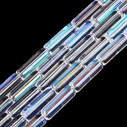 Clear Electroplate Transparent Glass Beads Strands, Tube, Rainbow Plated, Half Plated, Clear, 13~13.5x4~4.5mm, Hole: 0.5~0.8mm, about 27~30pcs/strand, 13.98~15.75 inch(35.5~40cm)