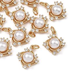 Real 18K Gold Plated SHEGRACE Brass Pave Clear Cubic Zirconia Charms, with ABS Imitation Pearl, Rhombus Charms, Cadmium Free & Nickel Free & Lead Free, Long-Lasting Plated, Real 18K Gold Plated, 15x15x8mm, Hole: 3.5mm