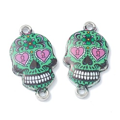 Verde Conectores de enlaces de esmalte de aleación, cráneo del azúcar, para el día de fiesta mexicano de los muertos, Platino, verde, 25.5x13.5x2.5 mm, agujero: 1.6 mm