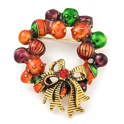 Christmas Wreath Рождественская тема, золотой цинковый сплав, броши со стразами, эмалевые булавки, Рождественский венок, 52.5x43.5x9.5 мм