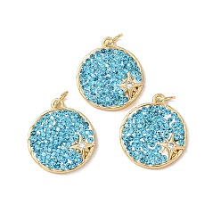 Небесно-голубой Латунные микро проложить кубического циркония подвески, с полимерной глиной горный хрусталь, плоский круглый со звездными подвесками, без кадмия и без свинца, стойки покрытие, долговечный, с целью перехода в кольце, реальный 18 k позолоченный, голубой, 18x16x2.5 мм, отверстие : 3 мм
