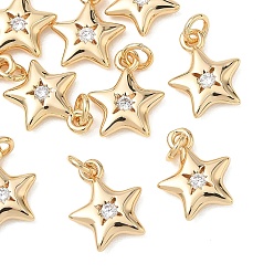 Real 18K Gold Plated SHEGRACE Brass Clear Cubic Zirconia Pendants, Star Charms, Cadmium Free & Lead Free & Nickel Free, Real 18K Gold Plated, 11.5x9.5x2.5mm, Hole: 2.5mm