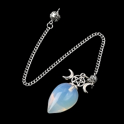 Opalite Colgantes de péndulo de radiestesia opalita, con cadena de hierro y tapas de aleación, dijes de lágrima y pentagrama de triple luna, 258~260 mm, agujero: 1.6 mm