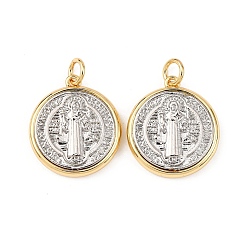Настоящее золото 18K Латунные подвески, плоские круглые с святым Бенедиктом, стойки покрытие, долговечный, без свинца и без кадмия, с целью перехода в кольце, реальный 18 k позолоченный, 22.5x20x4 мм, отверстие : 4 мм