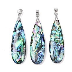 Разноцветный Природные пауа оболочки подвески, подвески-слезинки с латунными дужками, платина, стойки покрытие, красочный, 40x12.5x4.5 мм, отверстие : 4.5x4 мм