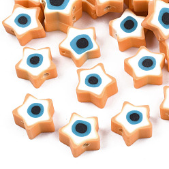 Оранжевый Бусины из полимерной глины , звезда с дурным глазом, оранжевые, 9x9x3.5~4.5 мм, отверстие : 1.4 мм