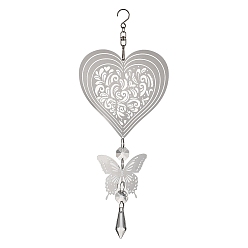 Heart Butterfly 201 Stainless Steel 3D Wind Spinner with Glass Pendant, for Outside Yard and Garden Decoration, Heart, 243mm, Pendant: 199x100x12mm