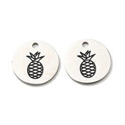 Stainless Steel Color 304 Stainless Steel Charms, with Enamel, Flat Round with Pineapple Pattern Charms, Stainless Steel Color, 12x1mm, Hole: 1.5mm