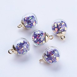 Lila Glaskugel-Anhänger, mit ccb-kunststoff, Runde, golden, lila, 21x16 mm, Bohrung: 2 mm