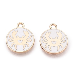 Blanco Colgantes de la aleación del esmalte, Abalorios planos redondos y de cangrejo, chapado en rack, dorado, blanco, 16x13x1.5 mm, agujero: 1.6 mm