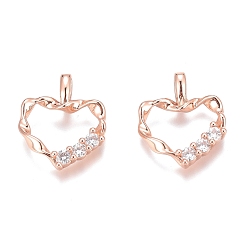 Rose Gold Brass Micro Pave Clear Cubic Zirconia Charms, Long-Lasting Plated, Twist Heart, Rose Gold, 14x12x2mm, Hole: 2mm