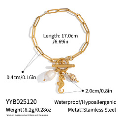 Настоящее золото 18K 304 Браслеты из нержавеющей стали с подвесками в виде морского конька, натуральной ракушки и искусственного жемчуга для женщин, реальный 18 k позолоченный, 6-3/4 дюйм (17 см)