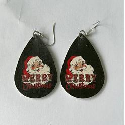 Черный Серьги-подвески из искусственной кожи в форме капли с рисунком Санта-Клауса, платина, чёрные, 76x38 мм