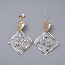 Clear Epoxy Resin Dangle Earrings, with Brass Ear Stud Findings and Ear Nuts, Rhombus, Real 18K Gold Plated, Clear, 57mm, Pin: 0.7mm