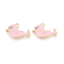 Pink Alloy Enamel Pendants, Cadmium Free & Nickel Free & Lead Free, Light Gold, Fur Seal, Pink, 13.5x20x1.5mm, Hole: 1.6mm