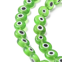 Lime Green Handmade Evil Eye Lampwork Flat Round Bead Strands, Lime Green, 8x3.2mm, Hole: 1mm, about 49pcs/strand, 14.56 inch