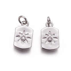 Платина Латунь прелести, с фианитом и кольцами для прыжков, Прямоугольник с цветком, прозрачные, платина, 13x8x2 мм, отверстие : 3 мм