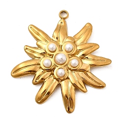 Настоящее золото 18K 304 подвески из нержавеющей стали, цветочный шарм, с абс пластмассовой имитационной жемчужиной, ионное покрытие (ip), реальный 18 k позолоченный, 40x37.5x6 мм, отверстие : 2.5 мм