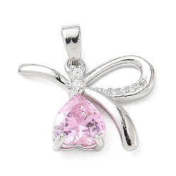 Платина Латунные микро проложить кубического циркония подвески, без кадмия и без свинца, бант с сердечками, платина, 14x19x5 мм, отверстие : 4x2.5 мм