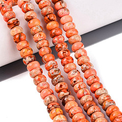 Coral Dyed Synthetic Imperial Jasper Beads Strands, Smooth Rondelle, Coral, 8x4~5mm, Hole: 0.7~1mm, about 76~82pcs/strand, 15.35~15.94 inch(39~40.5cm)